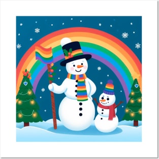 Two cute snowman, rainbow in the snow Posters and Art